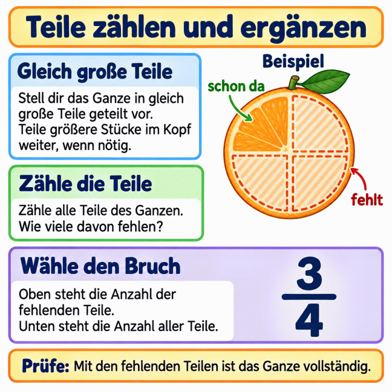 Das Lehrbeispiel zeigt ein rundes Ganzes mit vier gleich großen Teilen. Einer ist schon da, drei fehlen. Der fehlende Bruch ist drei Viertel. Die Karte erklärt: größere Stücke bei Bedarf im Kopf passend teilen, alle und fehlende Teile zählen und den Bruch wählen. Die fehlende Anzahl steht oben, die Gesamtzahl unten. Zusammen vervollständigen die Teile das Ganze. Teile zählen und ergänzen Gleich große Teile: Stell dir das Ganze in gleich große Teile geteilt vor. Teile größere Stücke im Kopf weiter, wenn nötig. Zähle die Teile: Zähle alle Teile des Ganzen. Wie viele davon fehlen? Wähle den Bruch: Oben steht die Anzahl der fehlenden Teile. Unten steht die Anzahl aller Teile. Prüfe: Mit den fehlenden Teilen ist das Ganze vollständig. Beispiel schon da fehlt 3 4