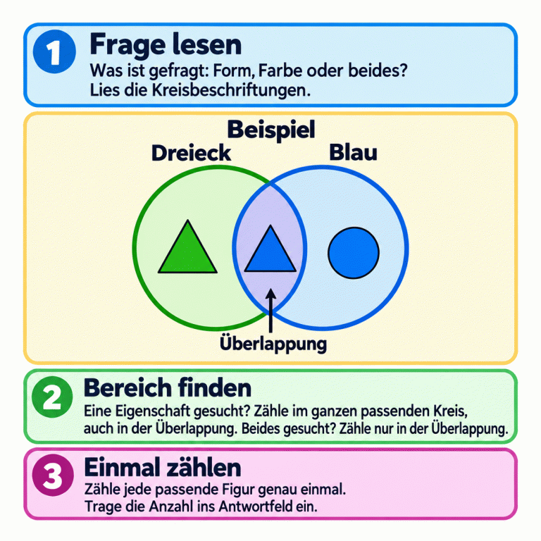 Ein Beispieldiagramm zeigt zwei überlappende Kreise mit den Beschriftungen Dreieck und Blau. Ein grünes Dreieck liegt nur in der Dreieck-Gruppe, ein blaues Dreieck in der Überlappung und eine blaue Kreisfigur nur in der Blau-Gruppe. Die Anleitung erklärt: Frage und Beschriftungen lesen. Bei einer gesuchten Eigenschaft im ganzen passenden Kreis einschließlich der Überlappung zählen; bei beiden Eigenschaften nur in der Überlappung. Jede passende Figur einmal zählen und die Anzahl eintragen. Frage lesen: Was ist gefragt: Form, Farbe oder beides? Lies die Kreisbeschriftungen. Bereich finden: Eine Eigenschaft gesucht? Zähle im ganzen passenden Kreis, auch in der Überlappung. Beides gesucht? Zähle nur in der Überlappung. Einmal zählen: Zähle jede passende Figur genau einmal. Trage die Anzahl ins Antwortfeld ein. Beispiel Dreieck Blau Überlappung 1 2 3
