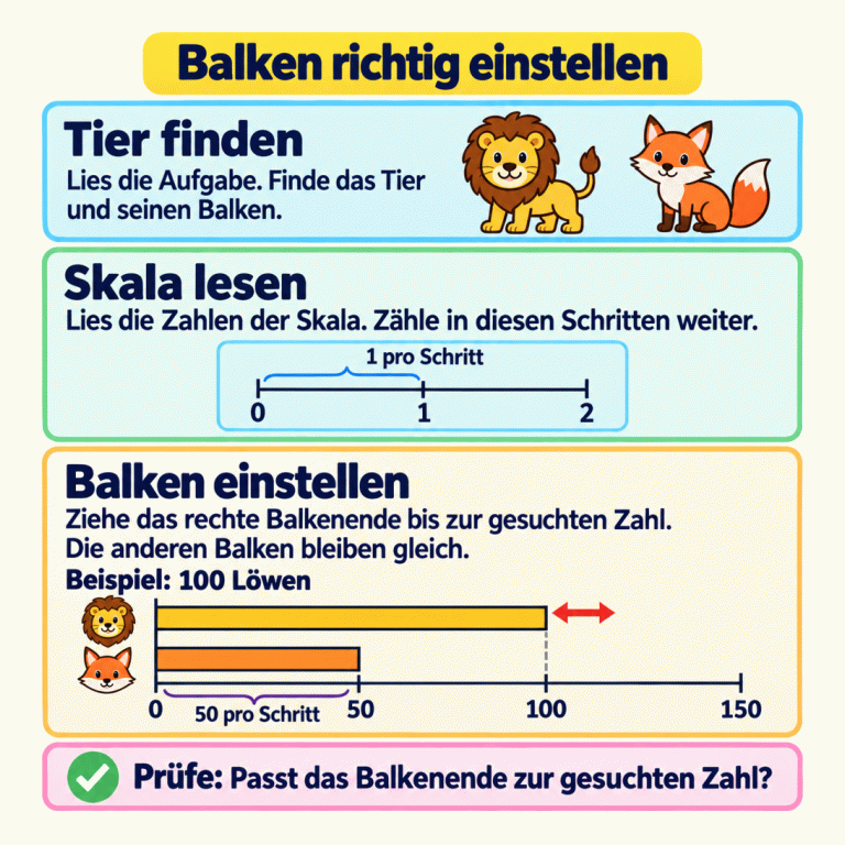 Die Karte erklärt: Finde das genannte Tier und seinen Balken, lies die Skala und ziehe nur das rechte Balkenende zur gesuchten Zahl. Eine kleine Skala zeigt 0, 1 und 2 in Einerschritten. Im Beispiel „100 Löwen“ zeigt die Hauptskala 0, 50, 100 und 150. Der Löwenbalken endet bei 100. Der Fuchsbalken bleibt unverändert. Zum Schluss prüfst du das Balkenende an der Skala. Balken richtig einstellen Tier finden: Lies die Aufgabe. Finde das Tier und seinen Balken. Skala lesen: Lies die Zahlen der Skala. Zähle in diesen Schritten weiter. Balken einstellen: Ziehe das rechte Balkenende bis zur gesuchten Zahl. Die anderen Balken bleiben gleich. Prüfe: Passt das Balkenende zur gesuchten Zahl? 1 2 50 100 150 1 pro Schritt 50 pro Schritt Beispiel: 100 Löwen ✓