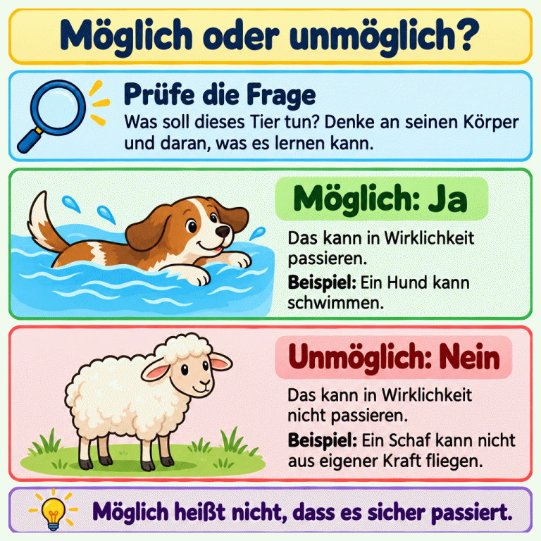 Prüfe, was dieses Tier tun soll. Denke an seinen Körper und daran, was es lernen kann. Ein Hund schwimmt im Wasser: Das ist ein mögliches Ereignis, dazu passt Ja. Ein Schaf steht auf dem Boden und hat keine Flügel. Aus eigener Kraft kann es nicht fliegen: Das ist unmöglich, dazu passt Nein. Möglich heißt nicht, dass etwas sicher passiert. Möglich oder unmöglich? Prüfe die Frage: Was soll dieses Tier tun? Denke an seinen Körper und daran, was es lernen kann. Möglich: Ja: Das kann in Wirklichkeit passieren. Beispiel: Ein Hund kann schwimmen. Unmöglich: Nein: Das kann in Wirklichkeit nicht passieren. Beispiel: Ein Schaf kann nicht aus eigener Kraft fliegen. Möglich heißt nicht, dass es sicher passiert.