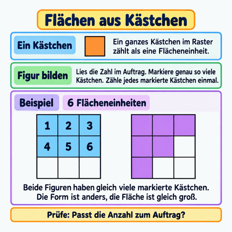 Ein ganzes quadratisches Rasterkästchen zählt als eine Flächeneinheit. Nach der Zahl im Auftrag werden genau so viele Kästchen markiert und jeweils einmal gezählt. Das Lehrbeispiel zeigt ein Rechteck und eine Stufenform mit je sechs markierten Kästchen. Im Rechteck stehen die Zählzahlen eins bis sechs. Trotz verschiedener Formen haben beide Figuren die gleiche Fläche. Zum Schluss wird die Anzahl mit dem Auftrag verglichen. Flächen aus Kästchen Ein Kästchen: Ein ganzes Kästchen im Raster zählt als eine Flächeneinheit. Figur bilden: Lies die Zahl im Auftrag. Markiere genau so viele Kästchen. Zähle jedes markierte Kästchen einmal. Beispiel: Beide Figuren haben gleich viele markierte Kästchen. Die Form ist anders, die Fläche ist gleich groß. Prüfe: Passt die Anzahl zum Auftrag? 6 Flächeneinheiten 1 2 3 4 5 6