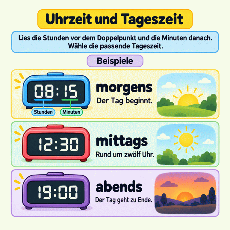 Drei Beispieluhren zeigen 08:15 für morgens, 12:30 für mittags und 19:00 für abends. An der ersten Uhr sind 08 als Stunden und 15 als Minuten beschriftet. Morgens beginnt der Tag, mittags ist es rund um zwölf Uhr und abends geht der Tag zu Ende. Die Anleitung fordert dazu auf, die Uhrzeit zu lesen und die passende Tageszeit zu wählen. Uhrzeit und Tageszeit morgens: Der Tag beginnt. mittags: Rund um zwölf Uhr. abends: Der Tag geht zu Ende. Lies die Stunden vor dem Doppelpunkt und die Minuten danach. Wähle die passende Tageszeit. Beispiele 08:15 12:30 19:00 Stunden Minuten