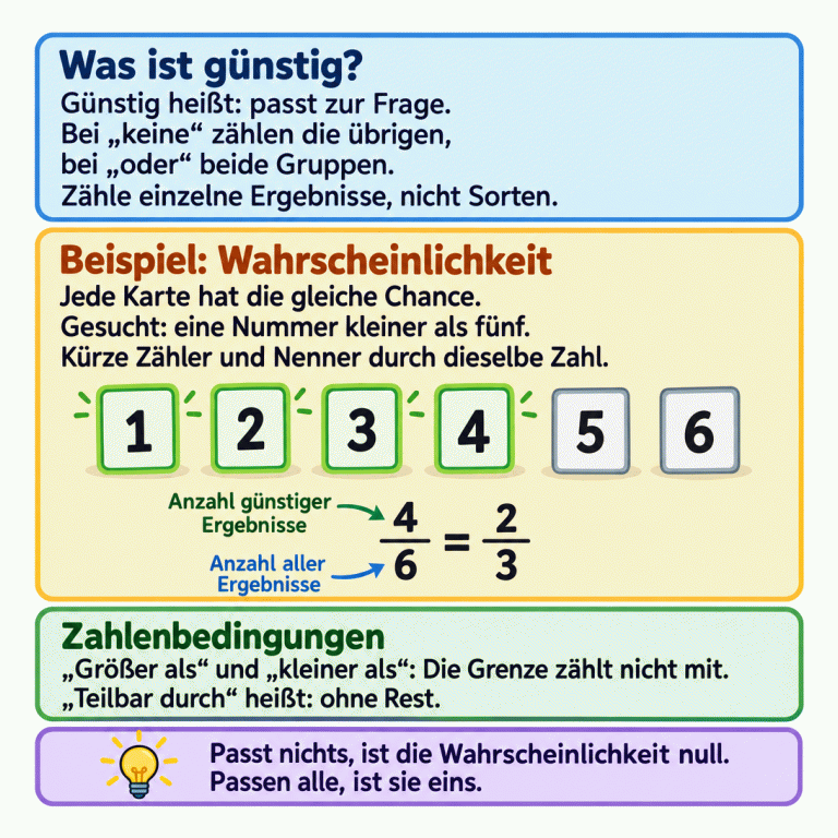Die Lernkarte erklärt: Günstige Ergebnisse passen zur Frage. Bei „keine“ zählen die übrigen, bei „oder“ beide Gruppen. Im gekennzeichneten Beispiel haben sechs Nummernkarten die gleiche Auswahlchance. Gesucht ist eine Nummer kleiner als fünf. Von den Karten eins bis sechs passen eins, zwei, drei und vier. Die günstige Anzahl steht im Zähler, die Gesamtzahl im Nenner: vier Sechstel sind zwei Drittel. Bei größer oder kleiner als zählt die Grenze nicht mit; Teilbarkeit bedeutet ohne Rest. Passt kein Ergebnis, ist die Wahrscheinlichkeit null; passen alle, ist sie eins. Was ist günstig?: Günstig heißt: passt zur Frage. Bei „keine“ zählen die übrigen, bei „oder“ beide Gruppen. Zähle einzelne Ergebnisse, nicht Sorten. Beispiel: Wahrscheinlichkeit: Jede Karte hat die gleiche Chance. Gesucht: eine Nummer kleiner als fünf. Kürze Zähler und Nenner durch dieselbe Zahl. Zahlenbedingungen: „Größer als“ und „kleiner als“: Die Grenze zählt nicht mit. „Teilbar durch“ heißt: ohne Rest. Passt nichts, ist die Wahrscheinlichkeit null. Passen alle, ist sie eins. 1 2 3 4 5 6 Anzahl günstiger Ergebnisse Anzahl aller Ergebnisse 4/6 = 2/3