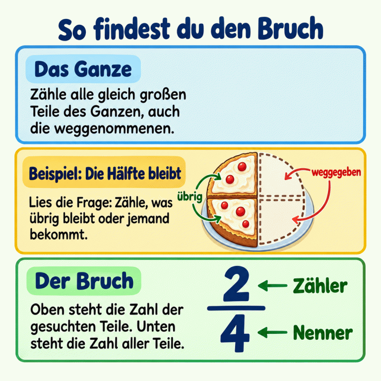 Ein Beispielkuchen besteht aus vier gleich großen Stücken. Zwei bleiben, zwei sind weggegeben. Gestrichelte Konturen zeigen die leeren Teilplätze. Die Hälfte bleibt. Der dazugehörige Bruch zeigt die Zwei als Zähler oben und die Vier als Nenner unten. Drei kurze Abschnitte erklären: alle ursprünglichen Teile zählen, nur die gefragten Teile zählen und beide Anzahlen im Bruch zuordnen. So findest du den Bruch Das Ganze: Zähle alle gleich großen Teile des Ganzen, auch die weggenommenen. Beispiel: Die Hälfte bleibt: Lies die Frage: Zähle, was übrig bleibt oder jemand bekommt. Der Bruch: Oben steht die Zahl der gesuchten Teile. Unten steht die Zahl aller Teile. übrig weggegeben 2 4 Zähler Nenner