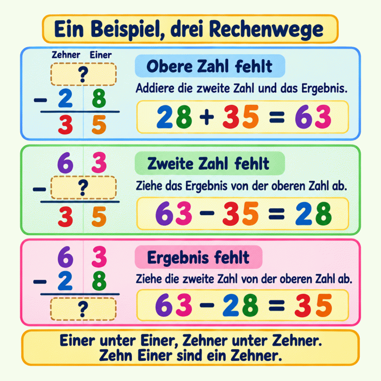 Ein Beispiel zeigt drei mögliche Lücken in derselben Minusaufgabe. Fehlt die obere Zahl, werden zweite Zahl und Ergebnis addiert: 28 plus 35 ergibt 63. Fehlt die zweite Zahl, wird das Ergebnis von der oberen Zahl abgezogen: 63 minus 35 ergibt 28. Fehlt das Ergebnis, wird die zweite Zahl von der oberen Zahl abgezogen: 63 minus 28 ergibt 35. Die drei Aufgaben stehen untereinander in Zehner- und Einerspalten. Ein Fragezeichen ersetzt jeweils die ganze gesuchte Zahl. Die Erinnerung lautet: Einer unter Einer, Zehner unter Zehner. Zehn Einer sind ein Zehner. Ein Beispiel, drei Rechenwege Obere Zahl fehlt: Addiere die zweite Zahl und das Ergebnis. Zweite Zahl fehlt: Ziehe das Ergebnis von der oberen Zahl ab. Ergebnis fehlt: Ziehe die zweite Zahl von der oberen Zahl ab. Einer unter Einer, Zehner unter Zehner. Zehn Einer sind ein Zehner. Zehner Einer ? 63 28 35 − + =
