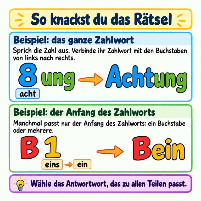 Zwei Beispiele zeigen, wie aus Zahlen und Buchstaben Wörter werden. 8 und „ung“ ergeben „Achtung“, weil man 8 als „acht“ liest. B und 1 ergeben „Bein“; hier wird nur „ein“, der Anfang von „eins“, benutzt. Die Anleitung erklärt, die Teile von links nach rechts zu verbinden und das Antwortwort zu wählen, das zu allen Teilen passt. So knackst du das Rätsel Beispiel: das ganze Zahlwort: Sprich die Zahl aus. Verbinde ihr Zahlwort mit den Buchstaben von links nach rechts. Beispiel: der Anfang des Zahlworts: Manchmal passt nur der Anfang des Zahlworts: ein Buchstabe oder mehrere. Wähle das Antwortwort, das zu allen Teilen passt. 8 ung acht Achtung B 1 eins ein Bein