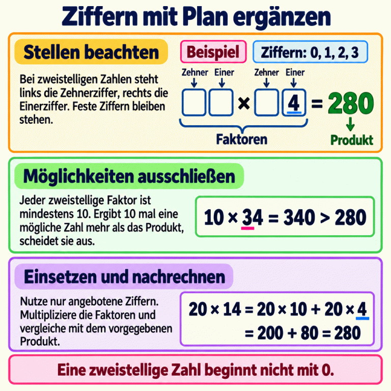 Drei Schritte zum Ergänzen fehlender Ziffern: Stellen beachten, unmögliche Faktoren ausschließen und genau nachrechnen. Im Lehrbeispiel ist das Produkt 280, der zweite Faktor endet auf 4; angeboten sind 0, 1, 2 und 3. Die Zahl 34 scheidet aus, weil schon 10 mal 34 gleich 340 und damit größer als 280 ist. Die Kontrolle zeigt: 20 mal 14 ist 200 plus 80, also 280. Feste Ziffern bleiben stehen. Bei zweistelligen Zahlen stehen links die Zehner und rechts die Einer; vorne darf keine 0 stehen. Ziffern mit Plan ergänzen Stellen beachten: Bei zweistelligen Zahlen steht links die Zehnerziffer, rechts die Einerziffer. Feste Ziffern bleiben stehen. Möglichkeiten ausschließen: Jeder zweistellige Faktor ist mindestens 10. Ergibt 10 mal eine mögliche Zahl mehr als das Produkt, scheidet sie aus. Einsetzen und nachrechnen: Nutze nur angebotene Ziffern. Multipliziere die Faktoren und vergleiche mit dem vorgegebenen Produkt. Eine zweistellige Zahl beginnt nicht mit 0. Beispiel Ziffern: 0, 1, 2, 3 □□ × □4 = 280 Zehner Einer Faktoren Produkt 10 × 34 = 340 > 280 20 × 14 = 20 × 10 + 20 × 4 = 200 + 80 = 280