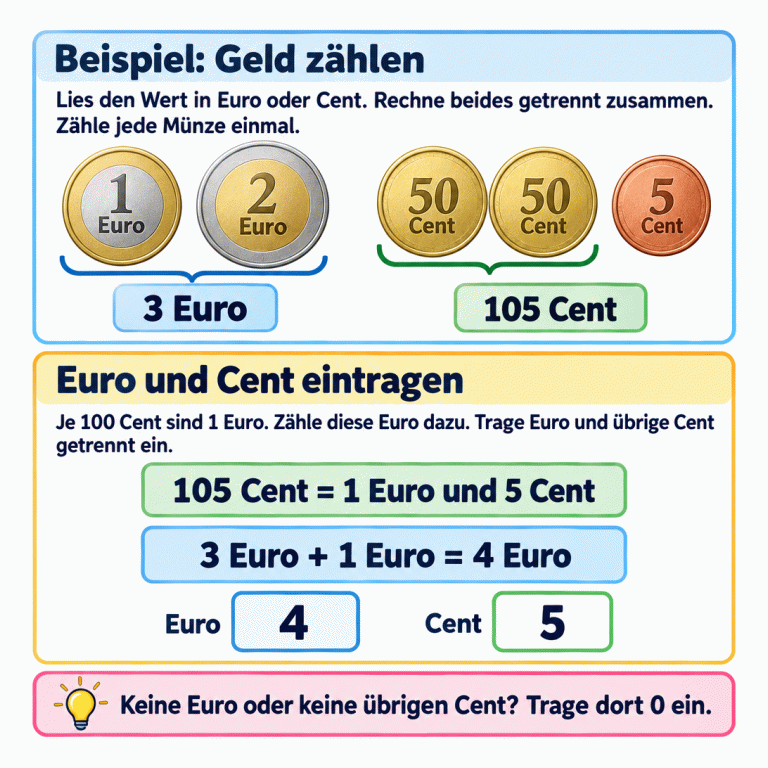 Ein Beispiel zum Geldzählen: Eine 1-Euro-Münze und eine 2-Euro-Münze ergeben 3 Euro. Zwei 50-Cent-Münzen und eine 5-Cent-Münze ergeben 105 Cent. 105 Cent sind 1 Euro und 5 Cent. Zu den 3 Euro kommt dieser eine Euro hinzu. Im Euro-Feld steht 4, im Cent-Feld 5. Jede Münze wird einmal gezählt. Gibt es keine Euro oder keine übrigen Cent, wird im passenden Feld 0 eingetragen. Beispiel: Geld zählen: Lies den Wert in Euro oder Cent. Rechne beides getrennt zusammen. Zähle jede Münze einmal. Euro und Cent eintragen: Je 100 Cent sind 1 Euro. Zähle diese Euro dazu. Trage Euro und übrige Cent getrennt ein. Keine Euro oder keine übrigen Cent? Trage dort 0 ein. 1 Euro 2 Euro 50 Cent 5 Cent 3 Euro 105 Cent 105 Cent = 1 Euro und 5 Cent 3 Euro + 1 Euro = 4 Euro Euro Cent 4 5
