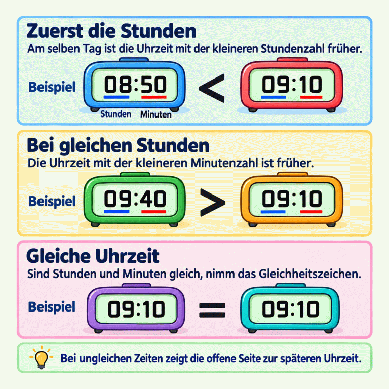 Drei Beispiele zeigen den Vergleich von Uhrzeiten am selben Tag. Zuerst zählen die Stunden vor dem Doppelpunkt: 08:50 ist früher als 09:10, obwohl die Minutenangabe größer ist. Bei gleichen Stunden zählen die Minuten nach dem Doppelpunkt: 09:40 ist später als 09:10. 09:10 und 09:10 sind gleich und werden mit dem Gleichheitszeichen verbunden. Bei ungleichen Zeiten zeigt die offene Seite des Vergleichszeichens zur späteren Uhrzeit. Zuerst die Stunden: Am selben Tag ist die Uhrzeit mit der kleineren Stundenzahl früher. Bei gleichen Stunden: Die Uhrzeit mit der kleineren Minutenzahl ist früher. Gleiche Uhrzeit: Sind Stunden und Minuten gleich, nimm das Gleichheitszeichen. Bei ungleichen Zeiten zeigt die offene Seite zur späteren Uhrzeit. Beispiel Stunden Minuten 08:50 09:10 < 09:40 > =