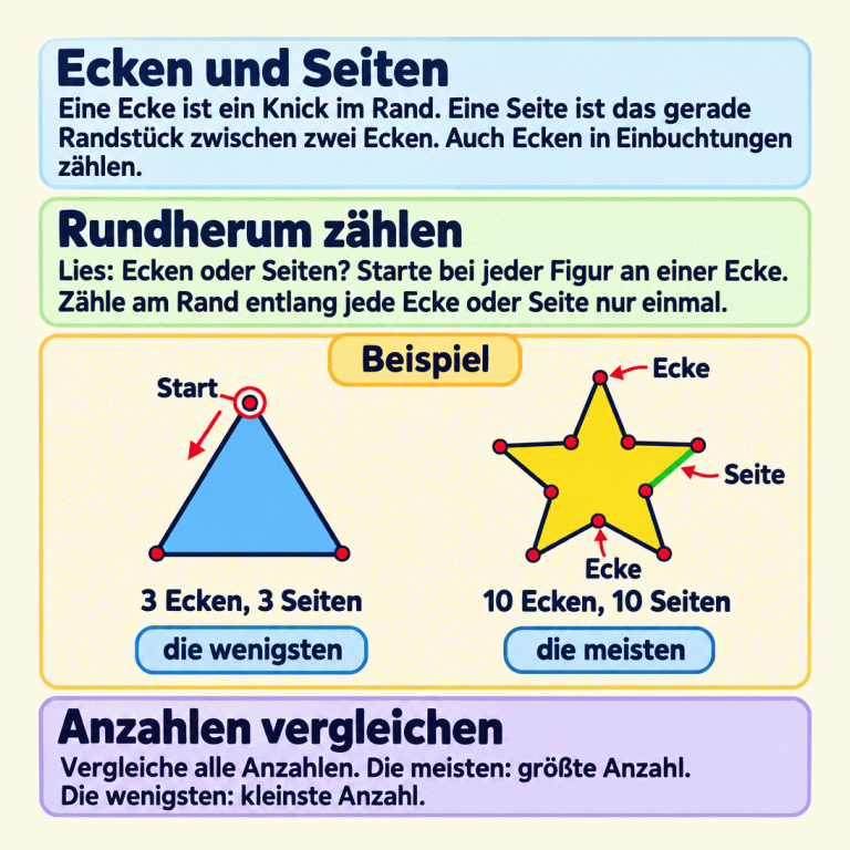 Beispiel zum Zählen und Vergleichen: Ein Dreieck hat drei Ecken und drei Seiten. Ein Stern mit fünf Spitzen hat zehn Ecken und zehn Seiten, denn auch die Ecken in den Einbuchtungen zählen. Eine Spitze, eine Einbuchtung und eine gerade Seite sind beschriftet. Am Dreieck ist ein Startpunkt markiert. Jede Ecke oder Seite wird am Rand genau einmal gezählt. Im Beispiel hat das Dreieck die wenigsten und der Stern die meisten Ecken und Seiten. Ecken und Seiten: Eine Ecke ist ein Knick im Rand. Eine Seite ist das gerade Randstück zwischen zwei Ecken. Auch Ecken in Einbuchtungen zählen. Rundherum zählen: Lies: Ecken oder Seiten? Starte bei jeder Figur an einer Ecke. Zähle am Rand entlang jede Ecke oder Seite nur einmal. Anzahlen vergleichen: Vergleiche alle Anzahlen. Die meisten: größte Anzahl. Die wenigsten: kleinste Anzahl. Beispiel Ecke Seite Start 3 Ecken, 3 Seiten 10 Ecken, 10 Seiten die wenigsten die meisten