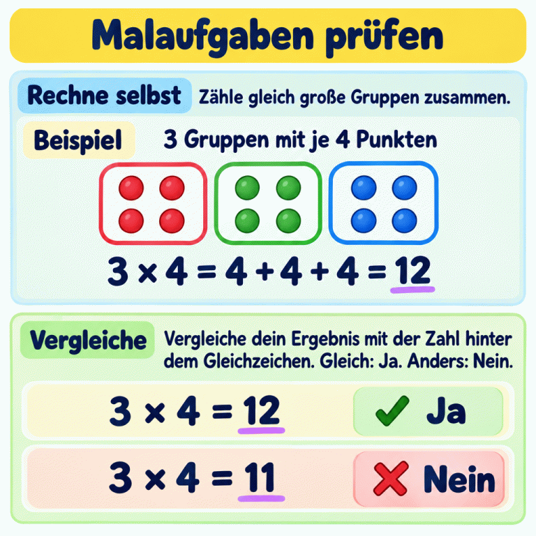 Ein Lehrbeispiel zeigt drei Gruppen mit je vier Punkten. Drei mal vier ist vier plus vier plus vier und ergibt zwölf. Die Vorgabe drei mal vier gleich zwölf stimmt: Ja. Die Vorgabe drei mal vier gleich elf stimmt nicht: Nein. Rechne zuerst selbst und vergleiche dann dein Ergebnis mit der Zahl hinter dem Gleichzeichen. Malaufgaben prüfen Rechne selbst: Zähle gleich große Gruppen zusammen. Vergleiche: Vergleiche dein Ergebnis mit der Zahl hinter dem Gleichzeichen. Gleich: Ja. Anders: Nein. Beispiel 3 Gruppen mit je 4 Punkten 3 × 4 = 4 + 4 + 4 = 12 3 × 4 = 12 Ja 3 × 4 = 11 Nein ✓ ✗