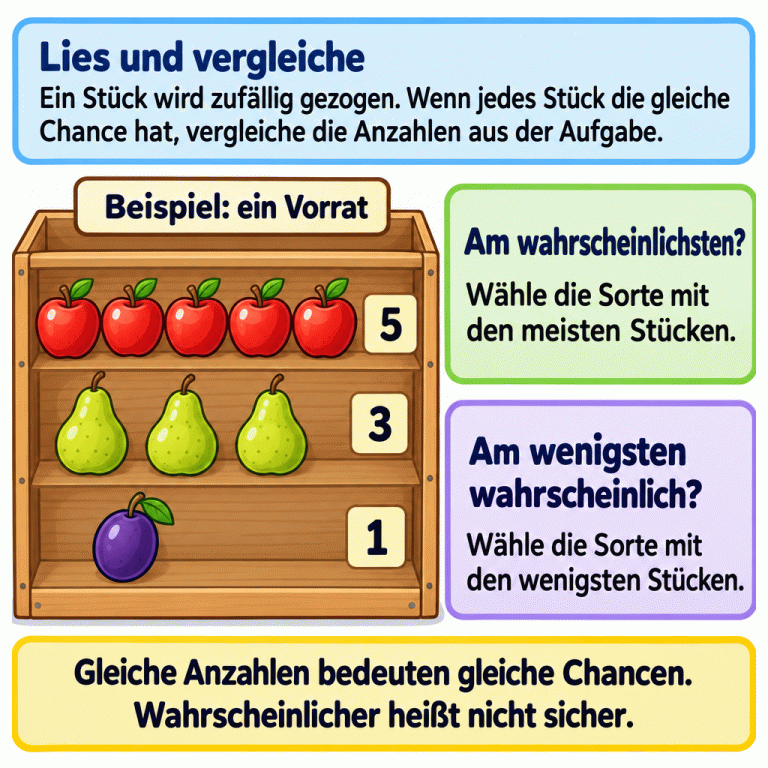 Die Karte erklärt den Vergleich von Chancen beim zufälligen Ziehen, wenn jedes Stück die gleiche Chance hat. Ein Beispielvorrat enthält fünf Äpfel, drei Birnen und eine Pflaume. Die Apfelsorte hat wegen ihrer größten Anzahl die größte Chance, die Pflaumensorte wegen ihrer kleinsten Anzahl die kleinste. Gleiche Anzahlen bedeuten gleiche Chancen. Welche Sorte tatsächlich gezogen wird, ist trotzdem nicht sicher. Lies und vergleiche: Ein Stück wird zufällig gezogen. Wenn jedes Stück die gleiche Chance hat, vergleiche die Anzahlen aus der Aufgabe. Am wahrscheinlichsten?: Wähle die Sorte mit den meisten Stücken. Am wenigsten wahrscheinlich?: Wähle die Sorte mit den wenigsten Stücken. Gleiche Anzahlen bedeuten gleiche Chancen. Wahrscheinlicher heißt nicht sicher. Beispiel: ein Vorrat 5 3 1