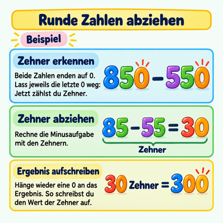 Eine Karte erklärt die Subtraktion runder Zahlen an einem Beispiel. Aus 850 und 550 werden 85 und 55 Zehner. Die Zehnerrechnung lautet 85 minus 55 gleich 30. 30 Zehner entsprechen 300. Runde Zahlen abziehen Zehner erkennen: Beide Zahlen enden auf 0. Lass jeweils die letzte 0 weg: Jetzt zählst du Zehner. Zehner abziehen: Rechne die Minusaufgabe mit den Zehnern. Ergebnis aufschreiben: Hänge wieder eine 0 an das Ergebnis. So schreibst du den Wert der Zehner auf. Beispiel 850 − 550 85 − 55 = 30 Zehner 30 Zehner = 300