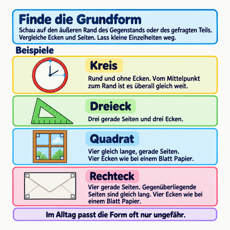 Die Lernkarte erklärt: Betrachte den äußeren Rand des gefragten Gegenstands oder Teils und lass kleine Einzelheiten weg. Vier Beispiele stehen untereinander: eine kreisrunde Uhr mit überall gleichem Abstand vom Mittelpunkt zum Rand, ein Lineal mit drei geraden Seiten und drei Ecken, ein quadratisches Fenster mit vier gleich langen Seiten und ein rechteckiger Umschlag mit gleich langen gegenüberliegenden Seiten. Quadrat und Rechteck haben Ecken wie ein Blatt Papier. Alltagsformen passen oft nur ungefähr. Finde die Grundform: Schau auf den äußeren Rand des Gegenstands oder des gefragten Teils. Vergleiche Ecken und Seiten. Lass kleine Einzelheiten weg. Im Alltag passt die Form oft nur ungefähr. Beispiele Kreis Rund und ohne Ecken. Vom Mittelpunkt zum Rand ist es überall gleich weit. Dreieck Drei gerade Seiten und drei Ecken. Quadrat Vier gleich lange, gerade Seiten. Vier Ecken wie bei einem Blatt Papier. Rechteck Vier gerade Seiten. Gegenüberliegende Seiten sind gleich lang. Vier Ecken wie bei einem Blatt Papier.
