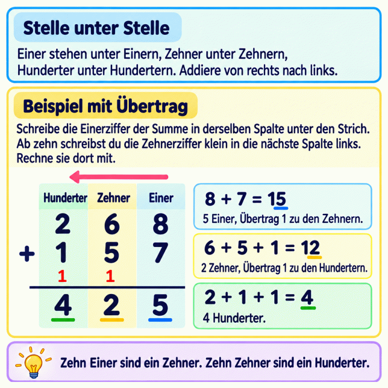 Ein Beispiel zeigt die schriftliche Addition von 268 und 157 mit dem Ergebnis 425. Hunderter, Zehner und Einer stehen jeweils untereinander. Gerechnet wird von rechts nach links: 8 plus 7 ergibt 15. Die 5 kommt unten in die Einerspalte, die 1 als Übertrag zu den Zehnern. 6 plus 5 plus 1 ergibt 12. Die 2 kommt unten in die Zehnerspalte, die 1 als Übertrag zu den Hundertern. 2 plus 1 plus 1 ergibt 4. Beide Überträge werden mitgerechnet. Stelle unter Stelle: Einer stehen unter Einern, Zehner unter Zehnern, Hunderter unter Hundertern. Addiere von rechts nach links. Beispiel mit Übertrag: Schreibe die Einerziffer der Summe in derselben Spalte unter den Strich. Ab zehn schreibst du die Zehnerziffer klein in die nächste Spalte links. Rechne sie dort mit. Zehn Einer sind ein Zehner. Zehn Zehner sind ein Hunderter. Hunderter Zehner Einer 268 157 + 1 425 8 + 7 = 15 6 + 5 + 1 = 12 2 + 1 + 1 = 4 5 Einer, Übertrag 1 zu den Zehnern. 2 Zehner, Übertrag 1 zu den Hundertern. 4 Hunderter.