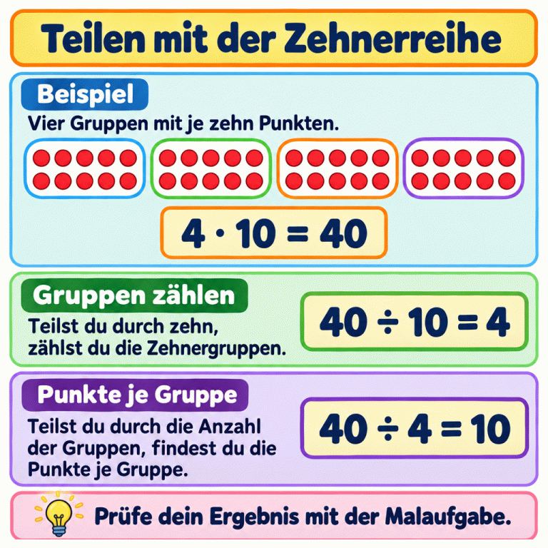 Ein Lehrbeispiel zeigt vier Gruppen mit je zehn Punkten: 4 · 10 = 40. Die vier Zehnergruppen erklären 40 ÷ 10 = 4. Die zehn Punkte in jeder der vier Gruppen erklären 40 ÷ 4 = 10. Die Karte erinnert daran, das Ergebnis mit der passenden Malaufgabe zu prüfen. Teilen mit der Zehnerreihe Beispiel: Vier Gruppen mit je zehn Punkten. Gruppen zählen: Teilst du durch zehn, zählst du die Zehnergruppen. Punkte je Gruppe: Teilst du durch die Anzahl der Gruppen, findest du die Punkte je Gruppe. Prüfe dein Ergebnis mit der Malaufgabe. 4 · 10 = 40 40 ÷ 10 = 4 40 ÷ 4 = 10