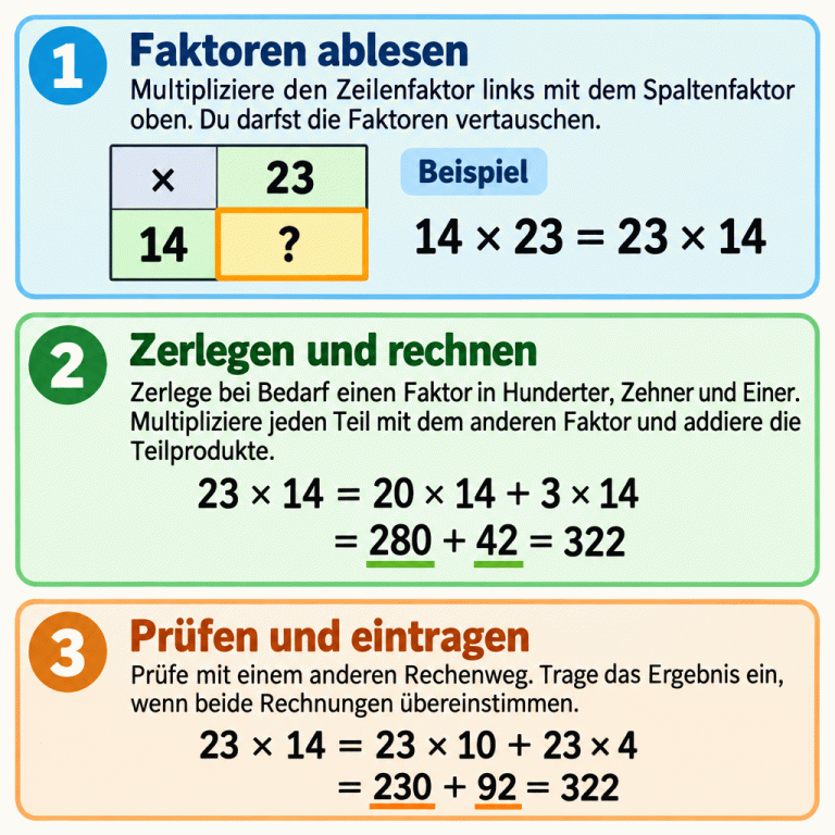 Eine Beispieltabelle zeigt 14 links, 23 oben und ein Fragezeichen im gemeinsamen Feld. 14 mal 23 ist dasselbe wie 23 mal 14. Die Zerlegung von 23 in 20 und 3 liefert die Teilprodukte 280 und 42, zusammen 322. Zur Kontrolle wird 14 in 10 und 4 zerlegt: 230 und 92 ergeben ebenfalls 322. Die Anleitung nennt auch Hunderter für dreistellige Faktoren und erklärt das Prüfen und Eintragen. Faktoren ablesen: Multipliziere den Zeilenfaktor links mit dem Spaltenfaktor oben. Du darfst die Faktoren vertauschen. Zerlegen und rechnen: Zerlege bei Bedarf einen Faktor in Hunderter, Zehner und Einer. Multipliziere jeden Teil mit dem anderen Faktor und addiere die Teilprodukte. Prüfen und eintragen: Prüfe mit einem anderen Rechenweg. Trage das Ergebnis ein, wenn beide Rechnungen übereinstimmen. Beispiel × 23 14 ? 14 × 23 = 23 × 14 23 × 14 = 20 × 14 + 3 × 14 = 280 + 42 = 322 23 × 14 = 23 × 10 + 23 × 4 = 230 + 92 = 322 1 2 3