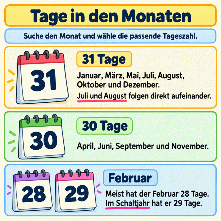 Kalenderübersicht: Januar, März, Mai, Juli, August, Oktober und Dezember haben 31 Tage. April, Juni, September und November haben 30 Tage. Der Februar hat meist 28 Tage und im Schaltjahr 29 Tage. Juli und August folgen direkt aufeinander und haben beide 31 Tage. Suche den Monat und wähle die passende Tageszahl. Tage in den Monaten 31 Tage: Januar, März, Mai, Juli, August, Oktober und Dezember.
Juli und August folgen direkt aufeinander. 30 Tage: April, Juni, September und November. Februar: Meist hat der Februar 28 Tage. Im Schaltjahr hat er 29 Tage. Suche den Monat und wähle die passende Tageszahl. 31 30 28 29
