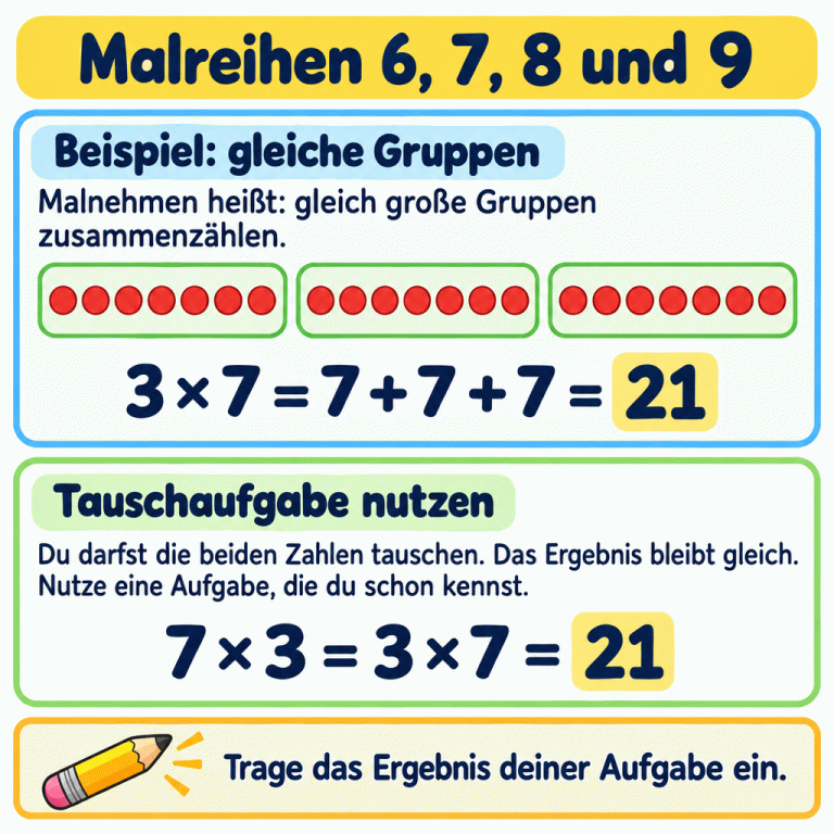 Lernkarte zu den Malreihen 6, 7, 8 und 9. Drei Gruppen mit je sieben Punkten zeigen: Drei mal sieben ist sieben plus sieben plus sieben, also einundzwanzig. Die Tauschaufgabe sieben mal drei ergibt ebenfalls einundzwanzig. Beim Tauschen der beiden Malzahlen bleibt das Ergebnis gleich. Der abschließende Hinweis erinnert daran, das Ergebnis der eigenen Aufgabe einzutragen. Malreihen 6, 7, 8 und 9 Beispiel: gleiche Gruppen: Malnehmen heißt: gleich große Gruppen zusammenzählen. Tauschaufgabe nutzen: Du darfst die beiden Zahlen tauschen. Das Ergebnis bleibt gleich. Nutze eine Aufgabe, die du schon kennst. Trage das Ergebnis deiner Aufgabe ein. 3 × 7 = 7 + 7 + 7 = 21 7 × 3 = 3 × 7 = 21