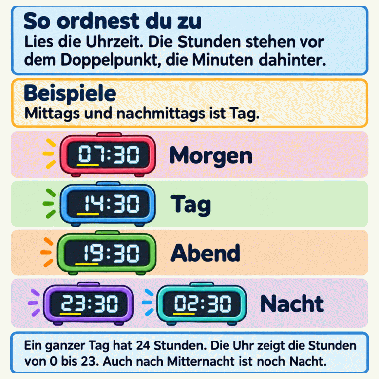 Erklärung zum Zuordnen digitaler Uhrzeiten: Vor dem Doppelpunkt stehen die Stunden, dahinter die Minuten. Die gekennzeichneten Lehrbeispiele zeigen 07:30 für Morgen, 14:30 für Tag, 19:30 für Abend sowie 23:30 und 02:30 für Nacht. Mittags und nachmittags ist Tag. Ein ganzer Tag hat 24 Stunden; die Uhr zeigt die Stunden von 0 bis 23. Auch nach Mitternacht ist noch Nacht. So ordnest du zu: Lies die Uhrzeit. Die Stunden stehen vor dem Doppelpunkt, die Minuten dahinter. Beispiele: Mittags und nachmittags ist Tag. Ein ganzer Tag hat 24 Stunden. Die Uhr zeigt die Stunden von 0 bis 23. Auch nach Mitternacht ist noch Nacht. 07:30 Morgen 14:30 Tag 19:30 Abend 23:30 02:30 Nacht