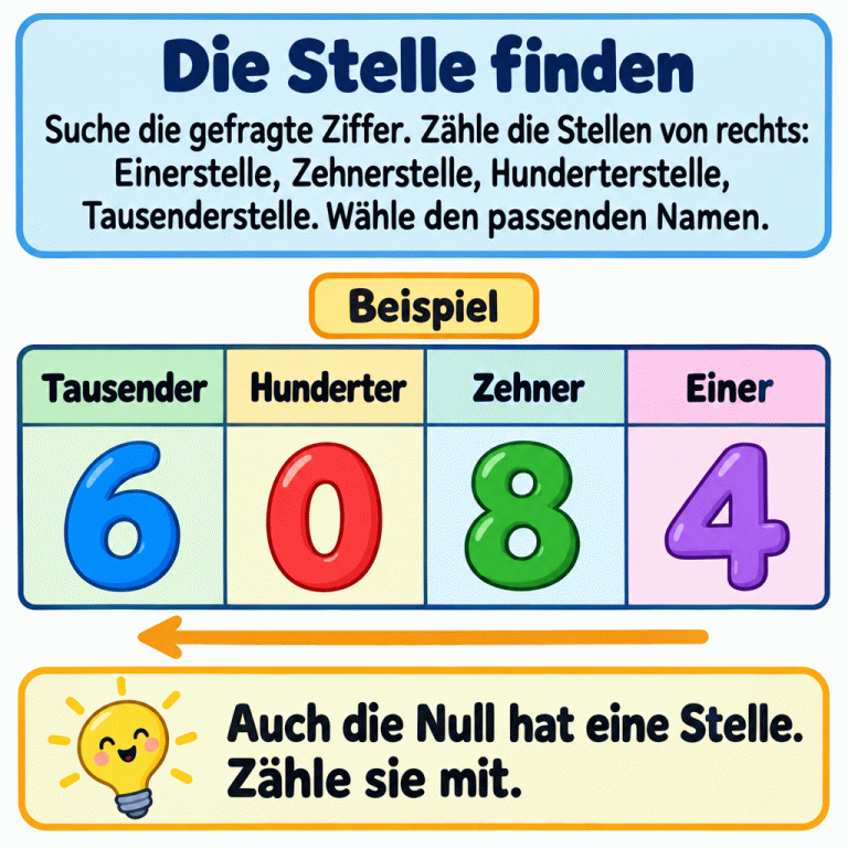 Eine Stellentafel zeigt die Beispielzahl 6084: Die 6 steht bei den Tausendern, die 0 bei den Hundertern, die 8 bei den Zehnern und die 4 bei den Einern. Die Stellen werden von rechts gezählt. Auch die Null zählt mit. Die Stelle finden: Suche die gefragte Ziffer. Zähle die Stellen von rechts: Einerstelle, Zehnerstelle, Hunderterstelle, Tausenderstelle. Wähle den passenden Namen. Auch die Null hat eine Stelle. Zähle sie mit. Beispiel Tausender Hunderter Zehner Einer 6 8 4
