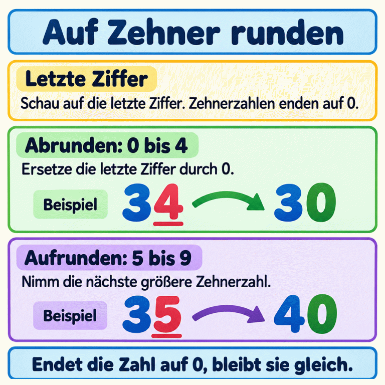 Lernkarte zum Runden auf Zehner. Schau auf die letzte Ziffer: Bei 0 bis 4 ersetzt du sie durch 0, zum Beispiel wird 34 zu 30. Bei 5 bis 9 nimmst du die nächste größere Zehnerzahl, zum Beispiel wird 35 zu 40. Die letzten Ziffern der Ausgangszahlen sind unterstrichen. Endet eine Zahl bereits auf 0, bleibt sie gleich. Auf Zehner runden Letzte Ziffer: Schau auf die letzte Ziffer. Zehnerzahlen enden auf 0. Abrunden: 0 bis 4: Ersetze die letzte Ziffer durch 0. Aufrunden: 5 bis 9: Nimm die nächste größere Zehnerzahl. Endet die Zahl auf 0, bleibt sie gleich. Beispiel 34 30 35 40