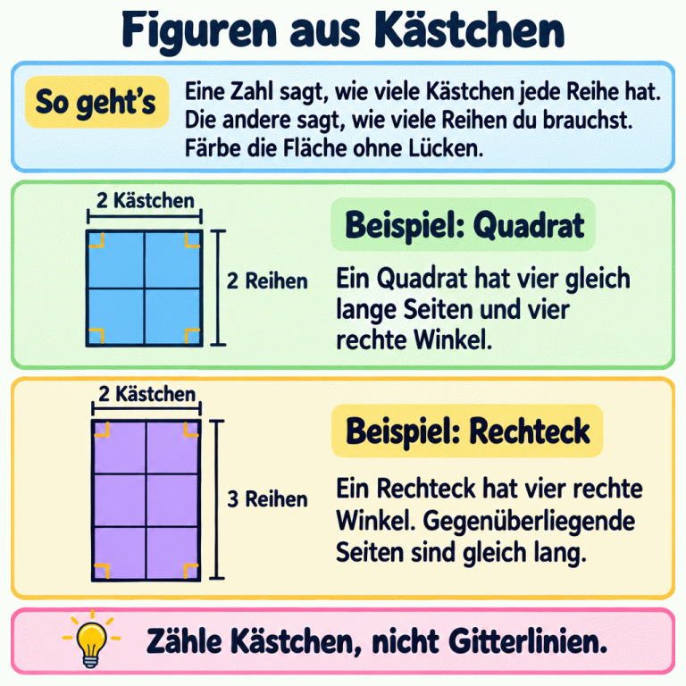 Zwei Beispiele zeigen ein Quadrat mit zwei Reihen aus je zwei Kästchen und ein Rechteck mit drei Reihen aus je zwei Kästchen. Beide Flächen sind ohne Lücken gefüllt. Eine Zahl zählt die Kästchen pro Reihe, die andere die Reihen. Das Quadrat hat vier gleich lange Seiten. Beim Rechteck sind gegenüberliegende Seiten gleich lang. Beide Figuren haben vier rechte Winkel. Figuren aus Kästchen So geht’s: Eine Zahl sagt, wie viele Kästchen jede Reihe hat. Die andere sagt, wie viele Reihen du brauchst. Färbe die Fläche ohne Lücken. Beispiel: Quadrat: Ein Quadrat hat vier gleich lange Seiten und vier rechte Winkel. Beispiel: Rechteck: Ein Rechteck hat vier rechte Winkel. Gegenüberliegende Seiten sind gleich lang. Zähle Kästchen, nicht Gitterlinien. 2 Kästchen 2 Reihen 3 Reihen
