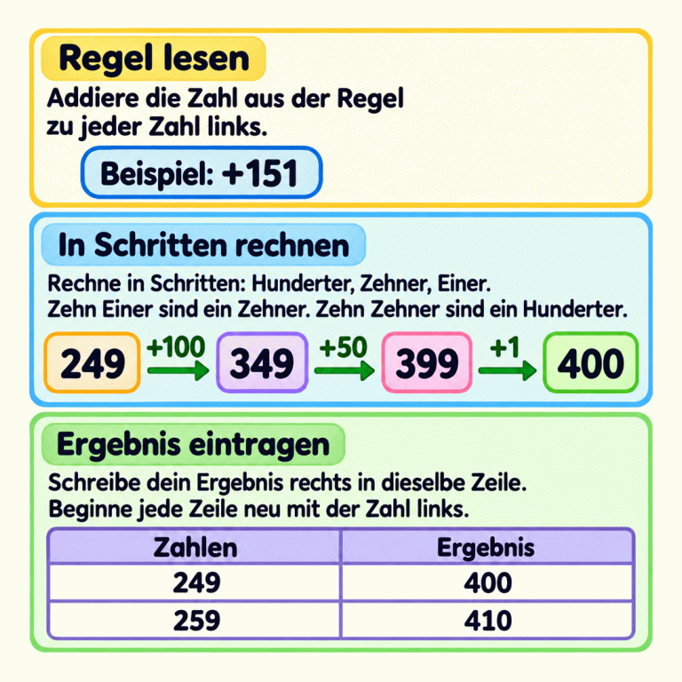 Die Anleitung erklärt: Addiere die Zahl aus der Regel zu jeder Zahl links. Im Beispiel gilt +151. Der Rechenweg führt von 249 mit +100 zu 349, mit +50 zu 399 und mit +1 zu 400. Zehn Einer sind ein Zehner, zehn Zehner sind ein Hunderter. Die Tabelle zeigt 249 mit dem Ergebnis 400 und 259 mit dem Ergebnis 410. Jede Zeile beginnt neu mit ihrer eigenen Ausgangszahl. Regel lesen: Addiere die Zahl aus der Regel zu jeder Zahl links. In Schritten rechnen: Rechne in Schritten: Hunderter, Zehner, Einer. Zehn Einer sind ein Zehner. Zehn Zehner sind ein Hunderter. Ergebnis eintragen: Schreibe dein Ergebnis rechts in dieselbe Zeile. Beginne jede Zeile neu mit der Zahl links. Beispiel: +151 249 +100 349 +50 399 +1 400 Zahlen Ergebnis 259 410