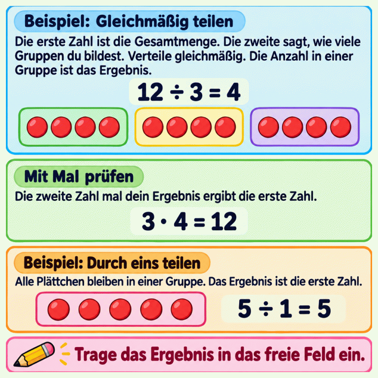 Erklärung mit zwei Beispielen: Zwölf Plättchen werden gleichmäßig auf drei Gruppen verteilt. In jeder Gruppe liegen vier. Die Probe ist drei mal vier gleich zwölf. Fünf Plättchen in einer einzigen Gruppe zeigen: Beim Teilen durch eins bleibt die Menge gleich. Das Ergebnis wird in das freie Feld eingetragen. Beispiel: Gleichmäßig teilen: Die erste Zahl ist die Gesamtmenge. Die zweite sagt, wie viele Gruppen du bildest. Verteile gleichmäßig. Die Anzahl in einer Gruppe ist das Ergebnis. Mit Mal prüfen: Die zweite Zahl mal dein Ergebnis ergibt die erste Zahl. Beispiel: Durch eins teilen: Alle Plättchen bleiben in einer Gruppe. Das Ergebnis ist die erste Zahl. Trage das Ergebnis in das freie Feld ein. 12 ÷ 3 = 4 3 · 4 = 12 5 ÷ 1 = 5