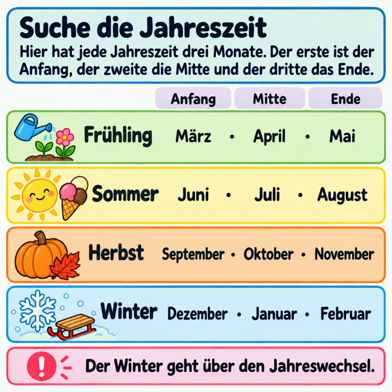 Eine Übersicht zeigt Anfang, Mitte und Ende jeder Jahreszeit. Frühling: März, April, Mai. Sommer: Juni, Juli, August. Herbst: September, Oktober, November. Winter: Dezember, Januar, Februar. Der erste Monat ist der Anfang, der zweite die Mitte und der dritte das Ende. Der Winter geht über den Jahreswechsel. Suche die Jahreszeit: Hier hat jede Jahreszeit drei Monate. Der erste ist der Anfang, der zweite die Mitte und der dritte das Ende. Der Winter geht über den Jahreswechsel. Anfang Mitte Ende Frühling März · April · Mai Sommer Juni · Juli · August Herbst September · Oktober · November Winter Dezember · Januar · Februar !