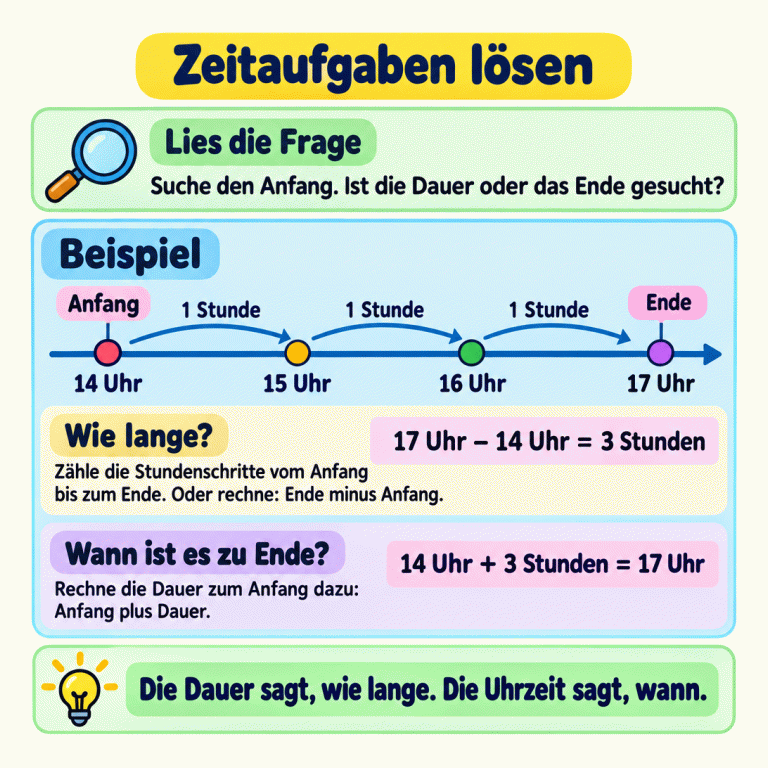 Eine Lernkarte zeigt ein gekennzeichnetes Beispiel von 14 Uhr über 15 und 16 Uhr bis 17 Uhr. Die drei Zwischenräume sind jeweils mit 1 Stunde beschriftet. Für die Dauer wird gerechnet: 17 Uhr minus 14 Uhr gleich 3 Stunden. Für das Ende wird gerechnet: 14 Uhr plus 3 Stunden gleich 17 Uhr. Die Hinweise erklären, wie man Anfang, Ende und Dauer zuordnet und die passende Rechnung auswählt. Zeitaufgaben lösen Lies die Frage: Suche den Anfang. Ist die Dauer oder das Ende gesucht? Wie lange?: Zähle die Stundenschritte vom Anfang bis zum Ende. Oder rechne: Ende minus Anfang. Wann ist es zu Ende?: Rechne die Dauer zum Anfang dazu: Anfang plus Dauer. Die Dauer sagt, wie lange. Die Uhrzeit sagt, wann. Beispiel Anfang Ende 14 Uhr 15 Uhr 16 Uhr 17 Uhr 1 Stunde 3 Stunden − + =