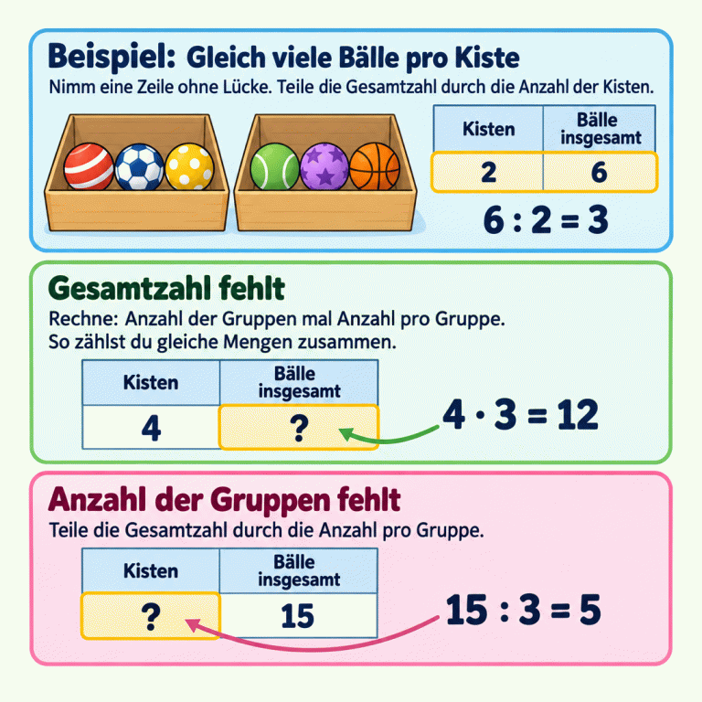Beispiel mit zwei Kisten und je drei Bällen. Die vollständige Tabellenzeile zeigt zwei Kisten und sechs Bälle. Sechs geteilt durch zwei ergibt drei Bälle pro Kiste. Zwei getrennte Fälle zeigen das Ergänzen: Für vier Kisten ergibt vier mal drei insgesamt zwölf Bälle. Bei fünfzehn Bällen ergibt fünfzehn geteilt durch drei fünf Kisten. Für die Gesamtzahl rechnest du Gruppenanzahl mal Anzahl pro Gruppe. Für die Gruppenanzahl teilst du die Gesamtzahl durch die Anzahl pro Gruppe. Beispiel: Gleich viele Bälle pro Kiste: Nimm eine Zeile ohne Lücke. Teile die Gesamtzahl durch die Anzahl der Kisten. Gesamtzahl fehlt: Rechne: Anzahl der Gruppen mal Anzahl pro Gruppe. So zählst du gleiche Mengen zusammen. Anzahl der Gruppen fehlt: Teile die Gesamtzahl durch die Anzahl pro Gruppe. Kisten Bälle insgesamt 2 6 6 : 2 = 3 4 ? 4 · 3 = 12 15 15 : 3 = 5