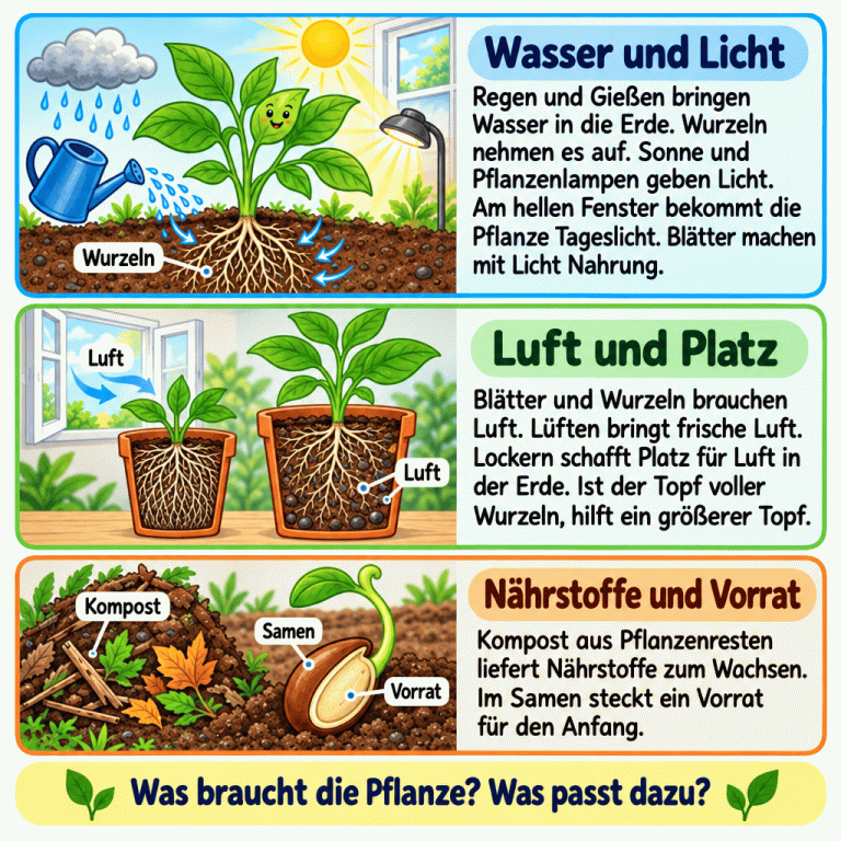 Regen und Gießen bringen Wasser in die Erde. Wurzeln nehmen es auf. Sonne und Pflanzenlampe beleuchten die Blätter; am hellen Fenster kommt Tageslicht zur Pflanze. Blätter machen mit Licht Nahrung. Blätter und Wurzeln brauchen Luft. Ein offenes Fenster lässt frische Luft herein. Lockere Erde hat Lücken für Luft. Ein größerer Topf bietet mehr Platz als ein Topf voller Wurzeln. Kompost aus Pflanzenresten liefert Nährstoffe. Im keimenden Samen liegt der erste Vorrat. Wasser und Licht: Regen und Gießen bringen Wasser in die Erde. Wurzeln nehmen es auf. Sonne und Pflanzenlampen geben Licht. Am hellen Fenster bekommt die Pflanze Tageslicht. Blätter machen mit Licht Nahrung. Luft und Platz: Blätter und Wurzeln brauchen Luft. Lüften bringt frische Luft. Lockern schafft Platz für Luft in der Erde. Ist der Topf voller Wurzeln, hilft ein größerer Topf. Nährstoffe und Vorrat: Kompost aus Pflanzenresten liefert Nährstoffe zum Wachsen. Im Samen steckt ein Vorrat für den Anfang. Was braucht die Pflanze? Was passt dazu? Wurzeln Luft Kompost Samen Vorrat