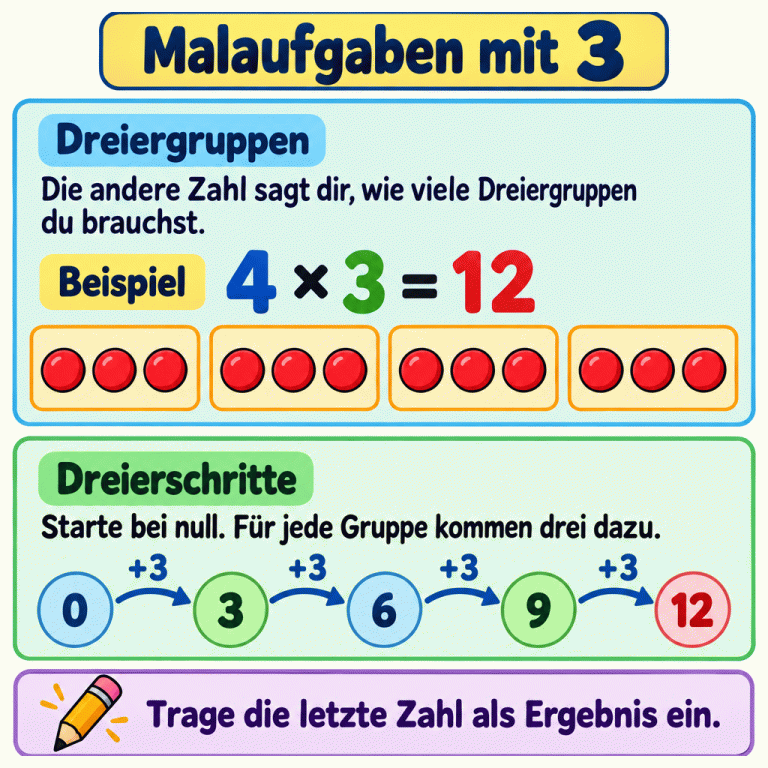 Beispiel 4 mal 3: Vier Gruppen mit je drei Punkten ergeben zwölf Punkte. Die Zählfolge 0, 3, 6, 9, 12 zeigt vier Dreierschritte. Die andere Zahl bestimmt die Anzahl der Dreiergruppen; die letzte erreichte Zahl ist das Ergebnis. Malaufgaben mit 3 Dreiergruppen: Die andere Zahl sagt dir, wie viele Dreiergruppen du brauchst. Dreierschritte: Starte bei null. Für jede Gruppe kommen drei dazu. Trage die letzte Zahl als Ergebnis ein. Beispiel 4 × 3 = 12 6 9 +3