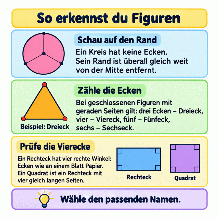Eine Lernkarte zeigt, wie man Figuren erkennt. Beim Kreis zeigen kurze Linien von der Mitte zum Rand den überall gleichen Abstand. Ein Dreieck dient als Beispiel; seine drei Ecken sind markiert. Der Text ordnet drei Ecken dem Dreieck, vier dem Viereck, fünf dem Fünfeck und sechs dem Sechseck zu. Darunter stehen ein Rechteck und ein Quadrat mit markierten rechten Winkeln. Das Quadrat hat zusätzlich vier gleich lange Seiten und ist ein besonderes Rechteck. Zum Schluss wird aufgefordert, den passenden Namen zu wählen. So erkennst du Figuren Schau auf den Rand: Ein Kreis hat keine Ecken. Sein Rand ist überall gleich weit von der Mitte entfernt. Zähle die Ecken: Bei geschlossenen Figuren mit geraden Seiten gilt: drei Ecken – Dreieck, vier – Viereck, fünf – Fünfeck, sechs – Sechseck. Prüfe die Vierecke: Ein Rechteck hat vier rechte Winkel: Ecken wie an einem Blatt Papier. Ein Quadrat ist ein Rechteck mit vier gleich langen Seiten. Wähle den passenden Namen. Beispiel: Dreieck Rechteck Quadrat