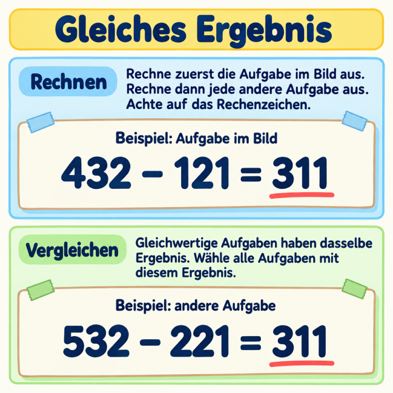 Die Karte erklärt: Berechne zuerst die Aufgabe im Bild und danach jede angebotene Aufgabe mit dem richtigen Rechenzeichen. Im Lehrbeispiel ergeben 432 minus 121 und 532 minus 221 beide 311. Die Zahlen sind verschieden, die Ergebnisse gleich. Wähle alle Aufgaben, deren Ergebnis mit dem Ergebnis der Bildaufgabe übereinstimmt. Gleiches Ergebnis Rechnen: Rechne zuerst die Aufgabe im Bild aus. Rechne dann jede andere Aufgabe aus. Achte auf das Rechenzeichen. Vergleichen: Gleichwertige Aufgaben haben dasselbe Ergebnis. Wähle alle Aufgaben mit diesem Ergebnis. Beispiel: Aufgabe im Bild 432 − 121 = 311 Beispiel: andere Aufgabe 532 − 221 = 311