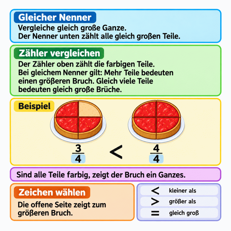 Erklärung zum Vergleichen von Brüchen mit gleichem Nenner. Im Lehrbeispiel sind zwei gleich große Kuchen jeweils in vier gleich große Teile geteilt. Drei farbige Teile zeigen drei Viertel, vier farbige Teile zeigen vier Viertel und damit ein Ganzes. Drei Viertel ist kleiner als vier Viertel. Der Nenner zählt alle Teile, der Zähler die farbigen Teile. Bei gleichem Nenner bedeuten mehr Teile einen größeren Bruch und gleich viele Teile gleich große Brüche. Die Legende zeigt die Zeichen für kleiner als, größer als und gleich groß. Die offene Zeichenseite weist zum größeren Bruch. Gleicher Nenner: Vergleiche gleich große Ganze. Der Nenner unten zählt alle gleich großen Teile. Zähler vergleichen: Der Zähler oben zählt die farbigen Teile. Bei gleichem Nenner gilt: Mehr Teile bedeuten einen größeren Bruch. Gleich viele Teile bedeuten gleich große Brüche. Zeichen wählen: Die offene Seite zeigt zum größeren Bruch. Sind alle Teile farbig, zeigt der Bruch ein Ganzes. Beispiel 3/4 4/4 < > = kleiner als größer als gleich groß