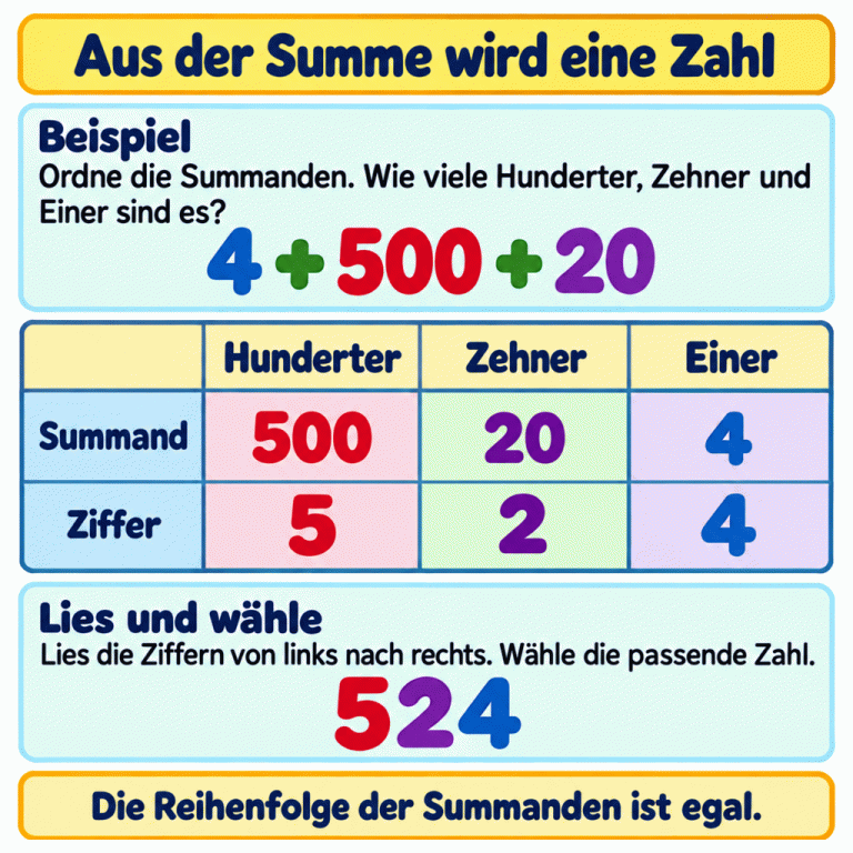 Im Beispiel 4 + 500 + 20 werden 500 als 5 Hunderter, 20 als 2 Zehner und 4 als 4 Einer geordnet. Die Ziffern 5, 2 und 4 ergeben von links nach rechts 524. Anschließend wird die passende Antwortzahl gewählt. Die Reihenfolge der Summanden verändert den Wert der Summe nicht. Aus der Summe wird eine Zahl Beispiel: Ordne die Summanden. Wie viele Hunderter, Zehner und Einer sind es? Lies und wähle: Lies die Ziffern von links nach rechts. Wähle die passende Zahl. Die Reihenfolge der Summanden ist egal. 4 + 500 20 Hunderter Zehner Einer Summand Ziffer 5 2 524