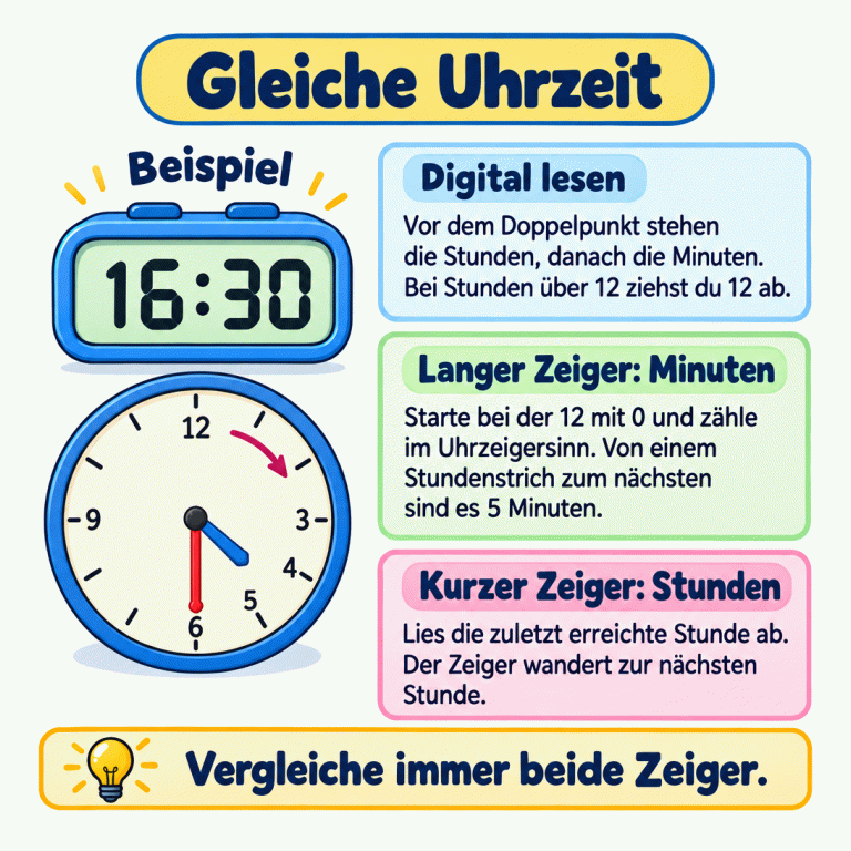 Gleiche Uhrzeit. Als Beispiel steht auf der Digitalanzeige 16:30. Die passende Zeigeruhr hat zwölf gleichmäßig verteilte Stundenstriche. Die 12 steht oben, die 3 rechts, die 6 unten und die 9 links. Der lange Minutenzeiger zeigt auf die 6, der kurze Stundenzeiger steht genau zwischen 4 und 5. Vor dem Doppelpunkt stehen die Stunden, danach die Minuten. Bei Stunden über 12 ziehst du 12 ab. Starte bei der 12 mit 0 und zähle im Uhrzeigersinn. Von einem Stundenstrich zum nächsten sind es 5 Minuten. Lies die zuletzt erreichte Stunde ab. Der Zeiger wandert zur nächsten Stunde. Vergleiche immer beide Zeiger. Gleiche Uhrzeit Digital lesen: Vor dem Doppelpunkt stehen die Stunden, danach die Minuten. Bei Stunden über 12 ziehst du 12 ab. Langer Zeiger: Minuten: Starte bei der 12 mit 0 und zähle im Uhrzeigersinn. Von einem Stundenstrich zum nächsten sind es 5 Minuten. Kurzer Zeiger: Stunden: Lies die zuletzt erreichte Stunde ab. Der Zeiger wandert zur nächsten Stunde. Vergleiche immer beide Zeiger. Beispiel 16:30 12 3 4 5 6 9