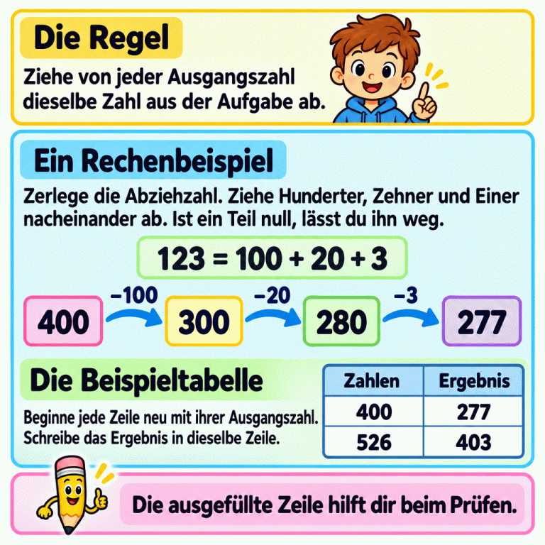 Die Karte erklärt das Abziehen derselben Zahl in jeder Tabellenzeile. Im Lehrbeispiel wird 123 in 100, 20 und 3 zerlegt. Der Rechenweg führt von 400 über 300 und 280 zu 277. Die Beispieltabelle ordnet 400 das Ergebnis 277 und 526 das Ergebnis 403 zu. Jede Zeile beginnt mit ihrer eigenen Ausgangszahl. Eine ausgefüllte Zeile hilft beim Prüfen. Die Regel: Ziehe von jeder Ausgangszahl dieselbe Zahl aus der Aufgabe ab. Ein Rechenbeispiel: Zerlege die Abziehzahl. Ziehe Hunderter, Zehner und Einer nacheinander ab. Ist ein Teil null, lässt du ihn weg. Die Beispieltabelle: Beginne jede Zeile neu mit ihrer Ausgangszahl. Schreibe das Ergebnis in dieselbe Zeile. Die ausgefüllte Zeile hilft dir beim Prüfen. 123 = 100 + 20 + 3 400 300 280 277 −100 −20 −3 Zahlen Ergebnis 526 403
