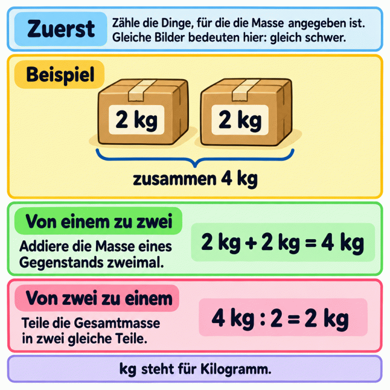 Ein markiertes Beispiel zeigt zwei gleich schwere Pakete mit jeweils 2 kg und zusammen 4 kg. Von einem zu zwei wird die Einzelmasse zweimal addiert: 2 kg + 2 kg = 4 kg. Von zwei zu einem wird die Gesamtmasse gleichmäßig geteilt: 4 kg : 2 = 2 kg. kg steht für Kilogramm. Zuerst: Zähle die Dinge, für die die Masse angegeben ist. Gleiche Bilder bedeuten hier: gleich schwer. Von einem zu zwei: Addiere die Masse eines Gegenstands zweimal. Von zwei zu einem: Teile die Gesamtmasse in zwei gleiche Teile. kg steht für Kilogramm. Beispiel 2 kg zusammen 4 kg 2 kg + 2 kg = 4 kg 4 kg : 2 = 2 kg
