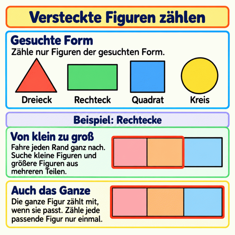Eine Anleitung zum Zählen versteckter Figuren. Oben stehen Dreieck, Rechteck, Quadrat und Kreis mit ihren Namen. Darunter zeigen zwei Suchansichten eines geteilten Rechtecks kleine Teilrechtecke, einen Rechteckrand um mehrere Teile und den Rand um die ganze Figur. Gezählt werden nur Figuren der gesuchten Form, jede genau einmal. Versteckte Figuren zählen Gesuchte Form: Zähle nur Figuren der gesuchten Form. Von klein zu groß: Fahre jeden Rand ganz nach. Suche kleine Figuren und größere Figuren aus mehreren Teilen. Auch das Ganze: Die ganze Figur zählt mit, wenn sie passt. Zähle jede passende Figur nur einmal. Dreieck Rechteck Quadrat Kreis Beispiel: Rechtecke