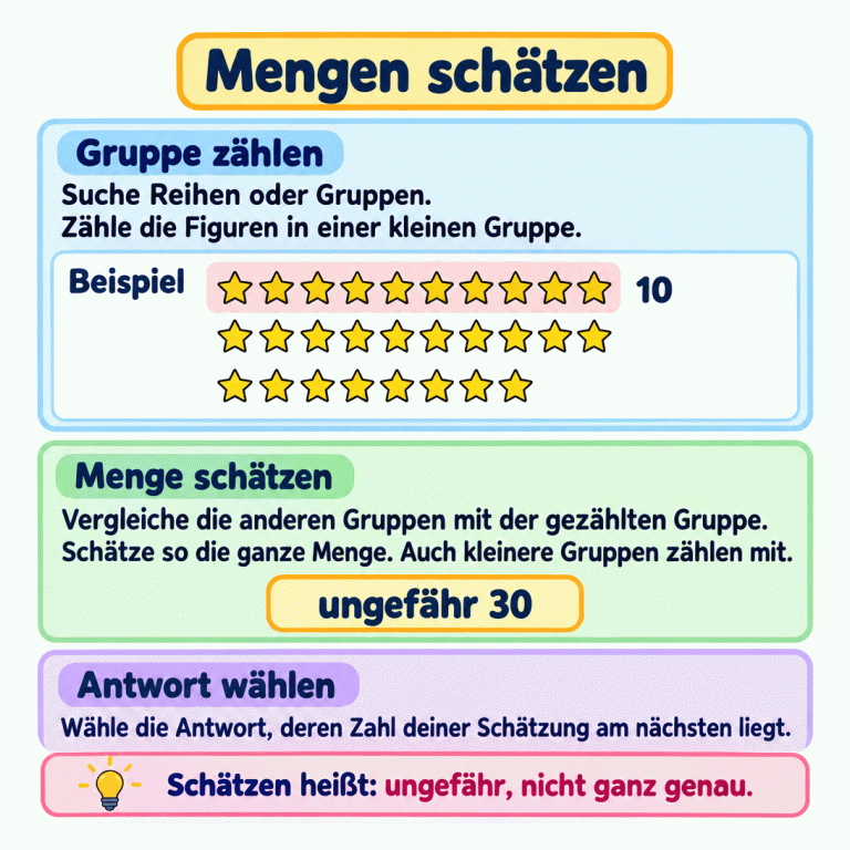 Ein Beispiel zeigt drei Sternengruppen mit zehn, zehn und acht Sternen. Eine Zehnergruppe ist hervorgehoben und mit „10“ beschriftet. Für die gesamte Menge steht „ungefähr 30“. Die Anleitung erklärt: eine kleine Gruppe zählen, damit die ganze Menge schätzen und die nächstliegende angebotene Antwortzahl wählen. Mengen schätzen Gruppe zählen: Suche Reihen oder Gruppen. Zähle die Figuren in einer kleinen Gruppe. Menge schätzen: Vergleiche die anderen Gruppen mit der gezählten Gruppe. Schätze so die ganze Menge. Auch kleinere Gruppen zählen mit. Antwort wählen: Wähle die Antwort, deren Zahl deiner Schätzung am nächsten liegt. Schätzen heißt: ungefähr, nicht ganz genau. Beispiel 10 ungefähr 30