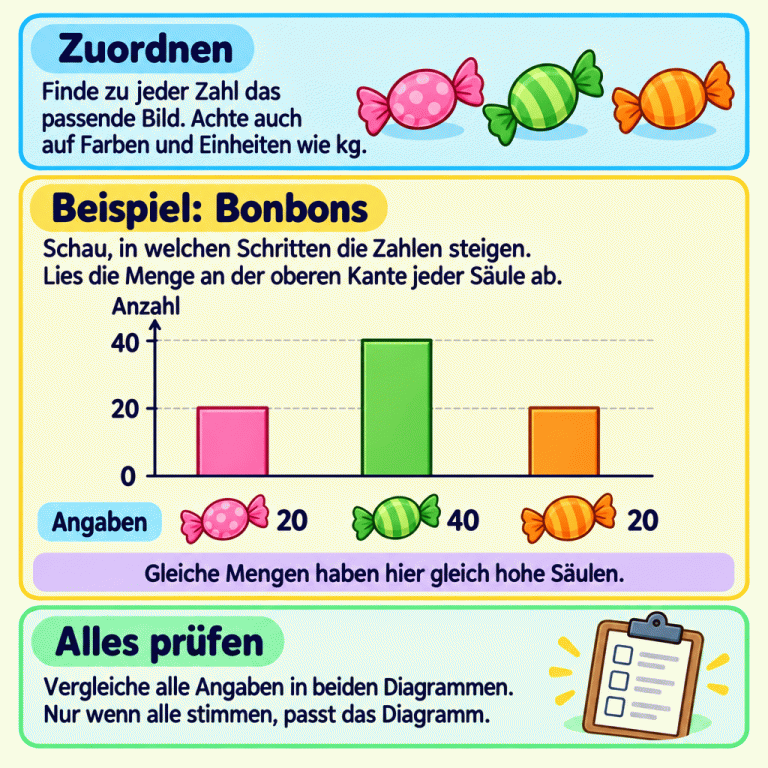 Eine Anleitung zum Vergleichen von Säulendiagrammen. Das Beispiel zeigt 20 rosa, 40 grüne und 20 orange Bonbons. Die Zahlenskala steigt von 0 über 20 auf 40. Die Säulen für rosa und orange Bonbons sind gleich hoch, die für grüne Bonbons ist doppelt so hoch. Ordne Bilder und Mengen zu, beachte Zahlenschritte und Einheiten wie kg und prüfe alle Angaben. Nur wenn alles stimmt, passt das Diagramm. Zuordnen: Finde zu jeder Zahl das passende Bild. Achte auch auf Farben und Einheiten wie kg. Beispiel: Bonbons: Schau, in welchen Schritten die Zahlen steigen. Lies die Menge an der oberen Kante jeder Säule ab. Alles prüfen: Vergleiche alle Angaben in beiden Diagrammen. Nur wenn alle stimmen, passt das Diagramm. Gleiche Mengen haben hier gleich hohe Säulen. Anzahl Angaben 20 40