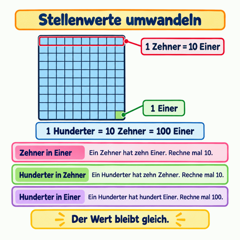 Die Karte zeigt ein Hunderterfeld mit zehn Reihen aus je zehn Kästchen. Ein Kästchen ist ein Einer, eine ganze Reihe ein Zehner. Ein Hunderter entspricht zehn Zehnern oder hundert Einern. Zehner in Einer und Hunderter in Zehner: mal zehn. Hunderter in Einer: mal hundert. Der Wert bleibt gleich. Stellenwerte umwandeln Zehner in Einer: Ein Zehner hat zehn Einer. Rechne mal 10. Hunderter in Zehner: Ein Hunderter hat zehn Zehner. Rechne mal 10. Hunderter in Einer: Ein Hunderter hat hundert Einer. Rechne mal 100. Der Wert bleibt gleich. 1 Einer 1 Zehner = 10 Einer 1 Hunderter = 10 Zehner = 100 Einer