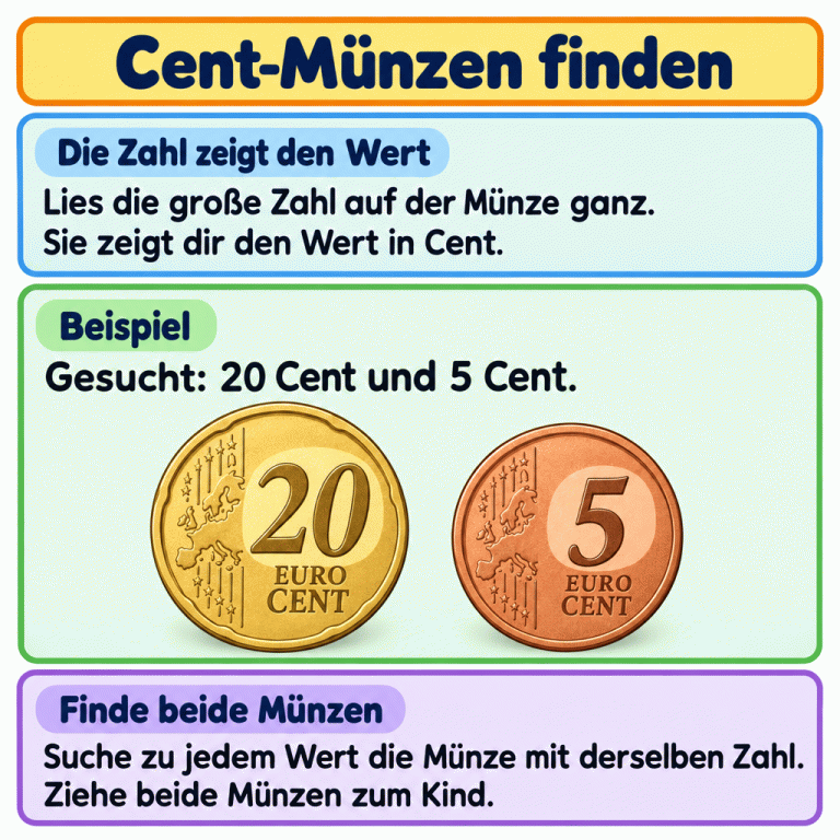 Lernkarte zum Finden von Cent-Münzen. Die große, vollständig gelesene Zahl zeigt den Wert in Cent. Im gekennzeichneten Beispiel werden 20 Cent und 5 Cent gesucht; die beiden entsprechenden Münzen sind abgebildet. Für jeden verlangten Wert wird die Münze mit derselben Zahl gesucht. Beide passenden Münzen werden zum Kind gezogen. Cent-Münzen finden Die Zahl zeigt den Wert: Lies die große Zahl auf der Münze ganz. Sie zeigt dir den Wert in Cent. Beispiel: Gesucht: 20 Cent und 5 Cent. Finde beide Münzen: Suche zu jedem Wert die Münze mit derselben Zahl. Ziehe beide Münzen zum Kind. 20 5 EURO CENT