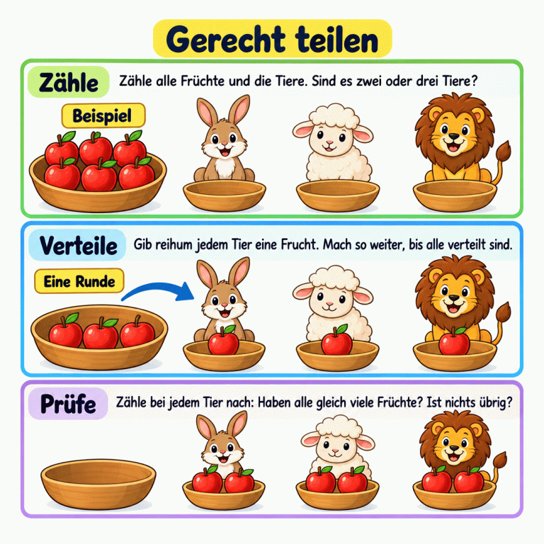 Lernkarte „Gerecht teilen“ mit den Schritten Zähle, Verteile und Prüfe. Ein gekennzeichnetes Beispiel zeigt sechs Äpfel und drei Tiere. Zuerst liegen alle sechs Äpfel im Vorrat. Nach einer Runde hat jedes Tier einen Apfel; drei Äpfel sind noch im Vorrat. Am Ende hat jedes Tier zwei Äpfel, und keiner bleibt übrig. Die Anleitung fordert dazu auf, die tatsächlichen zwei oder drei Tiere zu zählen, reihum zu verteilen und gleiche Anzahlen zu prüfen. Gerecht teilen Zähle: Zähle alle Früchte und die Tiere. Sind es zwei oder drei Tiere? Verteile: Gib reihum jedem Tier eine Frucht. Mach so weiter, bis alle verteilt sind. Prüfe: Zähle bei jedem Tier nach: Haben alle gleich viele Früchte? Ist nichts übrig? Beispiel Eine Runde