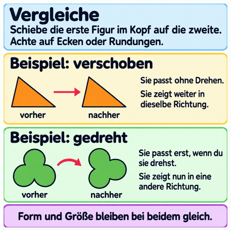 Zwei Beispiele zeigen den Unterschied. Ein Dreieck ist verschoben und zeigt weiter in dieselbe Richtung. Eine Figur mit Rundungen ist gedreht und zeigt nun in eine andere Richtung. Schiebe die erste Figur im Kopf auf die zweite: Passt sie ohne Drehen oder musst du sie drehen? Form und Größe bleiben bei beidem gleich. Vergleiche: Schiebe die erste Figur im Kopf auf die zweite. Achte auf Ecken oder Rundungen. Beispiel: verschoben: Sie passt ohne Drehen. Sie zeigt weiter in dieselbe Richtung. Beispiel: gedreht: Sie passt erst, wenn du sie drehst. Sie zeigt nun in eine andere Richtung. Form und Größe bleiben bei beidem gleich. vorher nachher