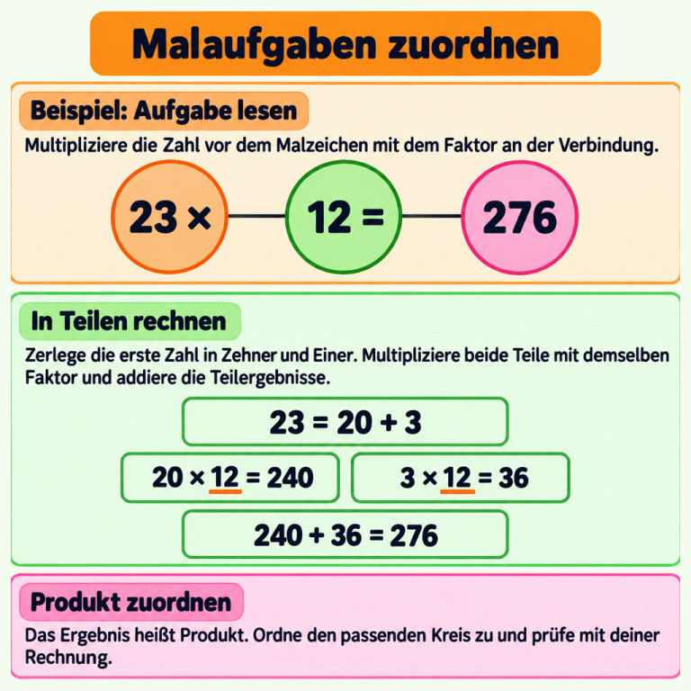 Eine Lernkarte zeigt ausdrücklich ein Beispiel: 23 mal 12 ergibt 276. Die Rechnung zerlegt 23 in 20 und 3. 20 mal 12 ergibt 240, 3 mal 12 ergibt 36. Zusammen ergeben die Teilprodukte 276. Diese Zahl steht im passenden Ergebniskreis. Die Anleitung erklärt, wie du eine Verbindung liest, in Teilen rechnest, das Produkt zuordnest und mit deiner Rechnung prüfst. Malaufgaben zuordnen Beispiel: Aufgabe lesen: Multipliziere die Zahl vor dem Malzeichen mit dem Faktor an der Verbindung. In Teilen rechnen: Zerlege die erste Zahl in Zehner und Einer. Multipliziere beide Teile mit demselben Faktor und addiere die Teilergebnisse. Produkt zuordnen: Das Ergebnis heißt Produkt. Ordne den passenden Kreis zu und prüfe mit deiner Rechnung. 23 × 12 = 276 23 = 20 + 3 20 × 12 = 240 3 × 12 = 36 240 + 36 = 276