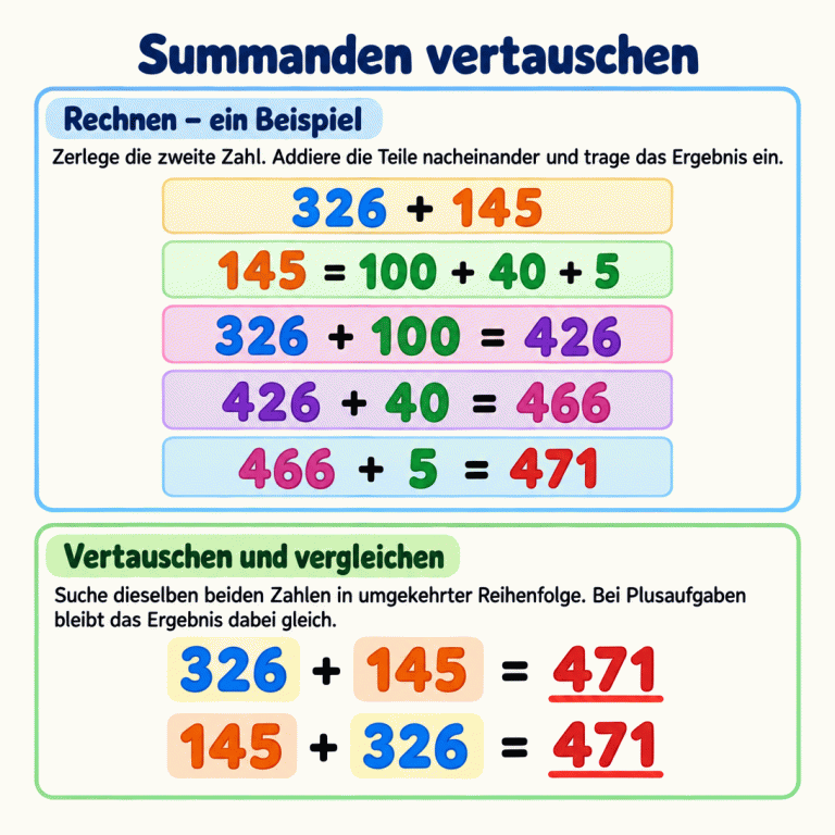 Eine Lernkarte zeigt eine Addition in Schritten und ihre Tauschaufgabe. Im Beispiel wird 145 in 100, 40 und 5 zerlegt. Ausgehend von 326 entstehen die Zwischenergebnisse 426 und 466, zuletzt 471. Darunter stehen 326 + 145 = 471 und 145 + 326 = 471. Die ganzen Zahlen tauschen ihren Platz, das Ergebnis bleibt gleich. Summanden vertauschen Rechnen – ein Beispiel: Zerlege die zweite Zahl. Addiere die Teile nacheinander und trage das Ergebnis ein. Vertauschen und vergleichen: Suche dieselben beiden Zahlen in umgekehrter Reihenfolge. Bei Plusaufgaben bleibt das Ergebnis dabei gleich. 326 + 145 145 = 100 + 40 + 5 326 + 100 = 426 426 + 40 = 466 466 + 5 = 471 326 + 145 = 471 145 + 326 = 471